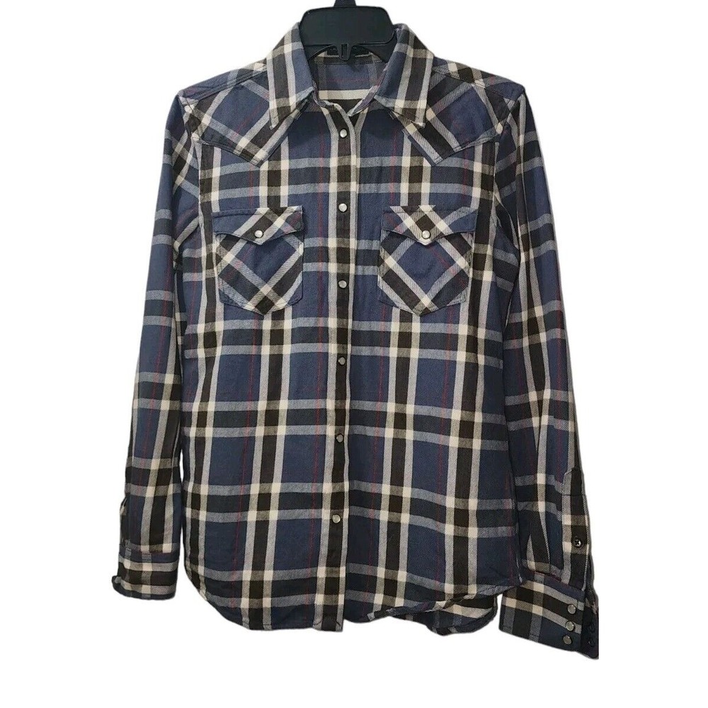 Lauren Jeans Co. Plaid‎ Western Shirt Snap Button Front Blue Small